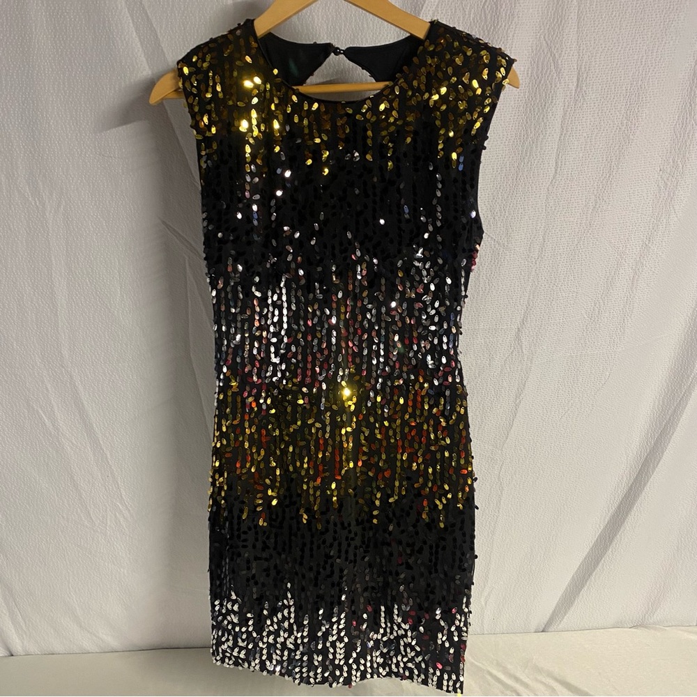 As U Wish Teardrop Sequin Bodycon Dress, Gold/Silver/Black, Size Juniors Medium